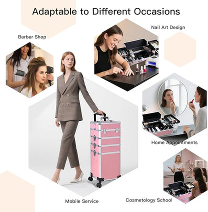 Professional Rolling Makeup Case, Cosmetology Case on Wheels 4 in 1 Large Cosmetic Train Case, Ideal Gift for Hairstylist, Nail Techs, Portable Beauty Organizer for Travel or Salon Use,pink