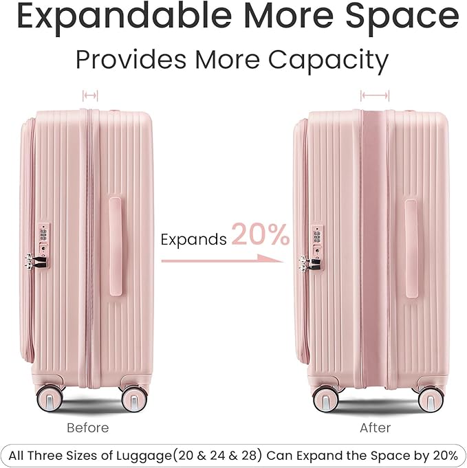 Merax Luggage Sets 3 Piece,Front Open PC Hardshell Expandable Carry on Suitcase with Spinner Wheels and TSA Lock,Lightweight 20in/24in/28in Luggage,Pink-1