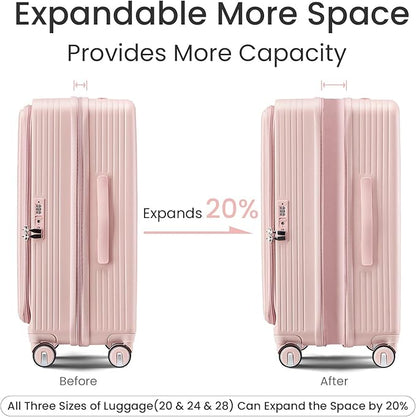 Merax Luggage Sets 3 Piece,Front Open PC Hardshell Expandable Carry on Suitcase with Spinner Wheels and TSA Lock,Lightweight 20in/24in/28in Luggage,Pink-1