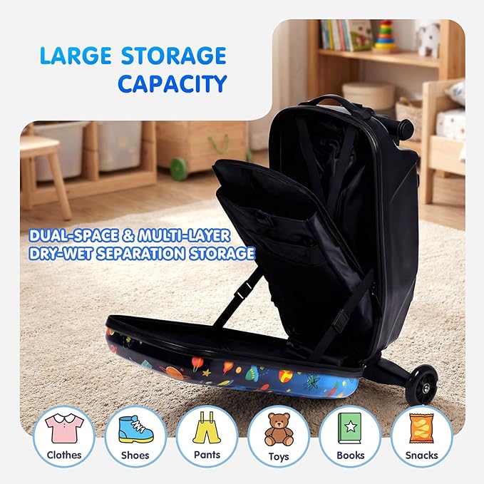 smilesun 4-in-1 Detachable Scooter Luggage for Kids & Teens, Foldable Hardside Ride On Suitcase with Wheels, Stylish and Safe Design(Navy Blue)