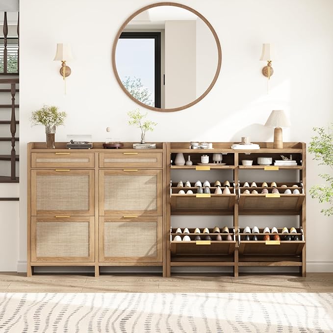 Large Rattan Shoe Storage Cabinet with 4 Flip Drawers & 2 Storages–Hidden Slim Shoe Organizer for Entryway, Large Tabletop Space, Farmhouse Boho Narrow Shoe Rack, Rustic Oak