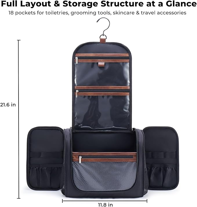 Large Hanging Toiletry Bag for Men, Travel Bathroom Bag with Hook, Hygiene Bag Organizer for Shower, Shaving & Grooming Essentials, Black