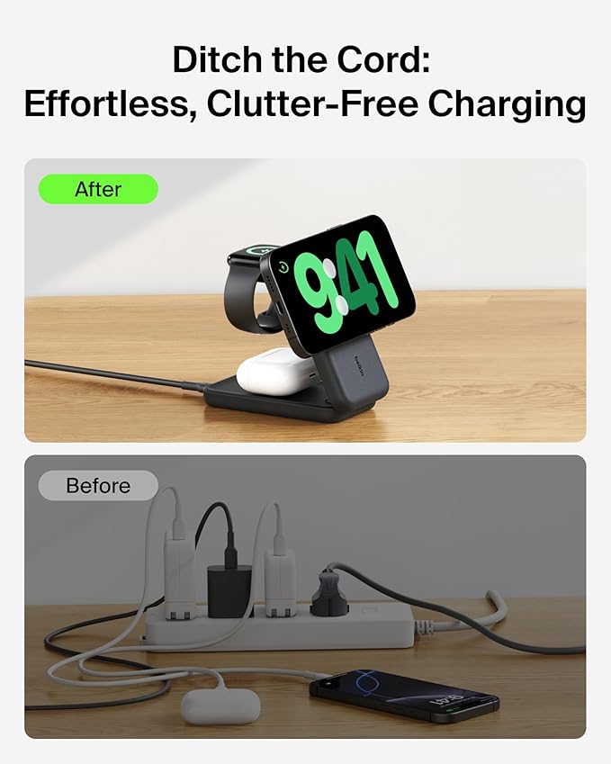 Belkin MagSafe Charger Compatible, 3-in-1 Charging Station, Qi2.2 25W Magnetic Wireless Charger Dock, Foldable Charging Stand for iPhone 17/16/15, Apple Watch, AirPods, Pixel 10 (45W Adapter Included)