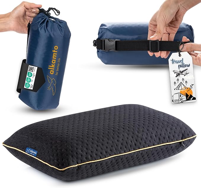alkamto Travel & Camping Comfortable Memory Foam Pillow – Easy to Carry Portable Bag – Temperature Regulating Pillow Case (Black)