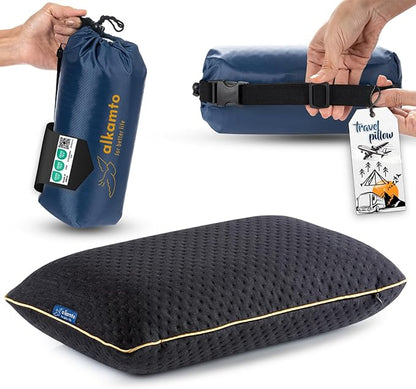alkamto Travel & Camping Comfortable Memory Foam Pillow – Easy to Carry Portable Bag – Temperature Regulating Pillow Case (Black)