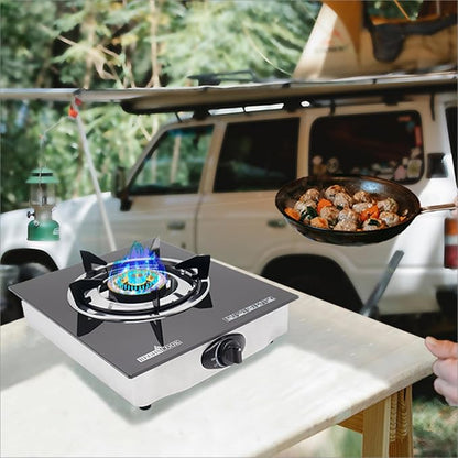 1 Burner Propane Gas Cooktop,Camping Portable LPG Gas Stove, Auto Ignition Tempered Glass Countertop Regulator and Burner Grate