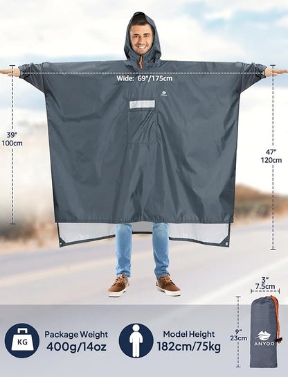 ANYOO Hooded Rain Poncho for Adults Waterproof Lightweight Rain Coat for Men Women Reusable Rain Jacket for Emergency Outdoor