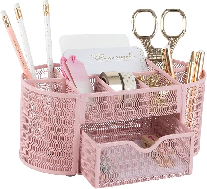 BLU MONACO Pink Desk Organizer | Strong Metal Desktop Organizer for Office Supplies | Light Pink Desk Accessories with 8 Compartments | Metal Mesh Stationery Holder for Home or Office