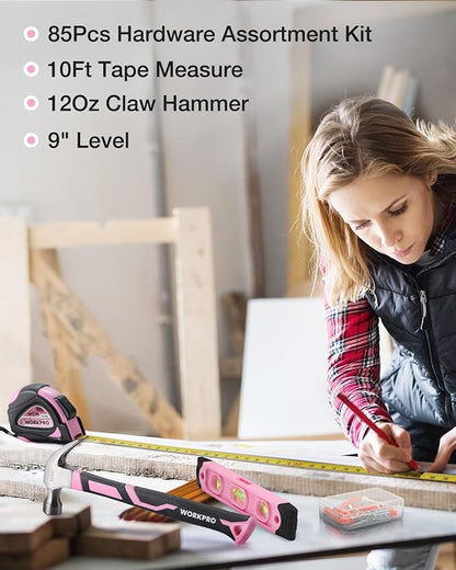WORKPRO Pink Tool Kit - 236 Pieces Pink Tool Set with Easy Carrying Round Pouch, Household Tool Kit Perfect for DIY, Home Maintenance - Pink Ribbon