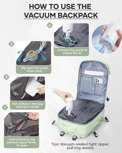 wepadre Vacuum Travel Backpack with Pump Travel Backpack with Vacuum System Easy Vac Pack Backpacks Vacpack Compression Backpacks Mochila de Viaje Compresion al Vacio Mint Green