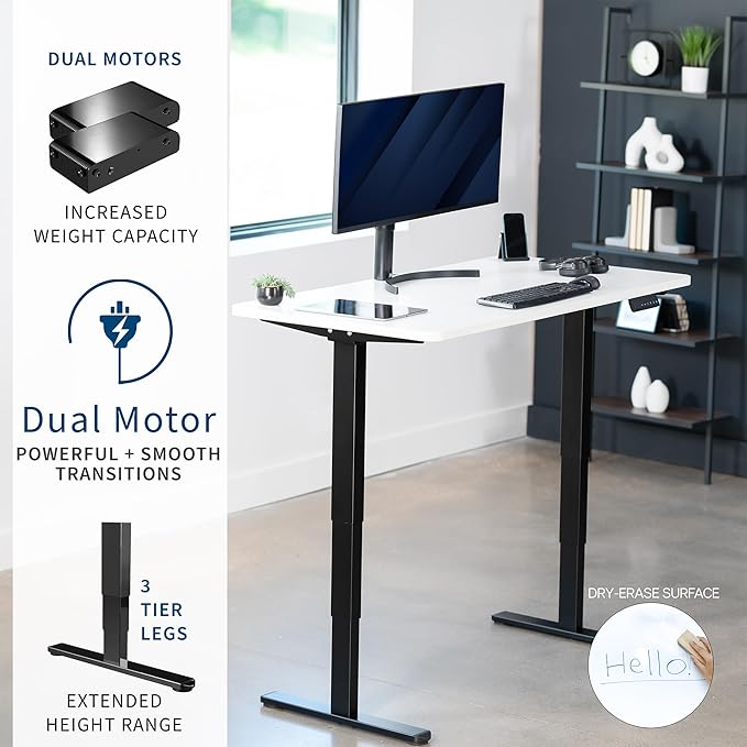 VIVO Electric 60 x 24 in Dual Motor Sit Stand Desk, Memory Height Adjustment, 2B Series, White Dry Erase Top Black Frame, DESK-KIT-2B6WE