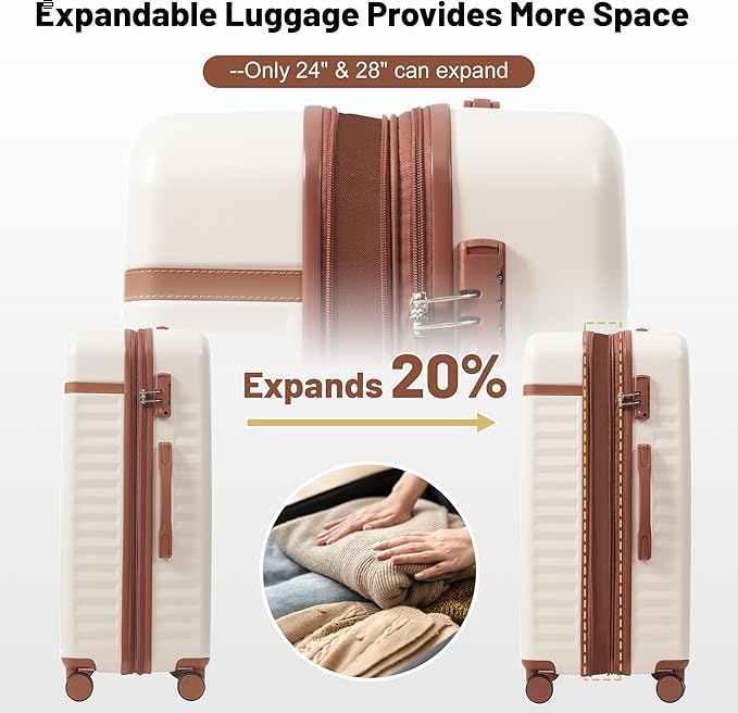 Merax Luggage Sets 5 Piece,Hardshell Expandable Suitcase with Spinner Wheels and Travel Bags,Lightweight Carry on Luggage,20/24/28IN,White and Brown
