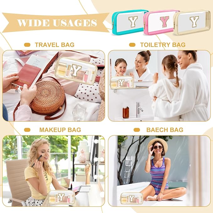 Personalized Initial Letter Clear Makeup Bag,Preppy Small Nylon&PVC Cosmetic Zipper Bag with Chenille Letter,Portable Beach Travel Skincare Toiletry Bag,Trendy Monogram Gift for Teen Girls Women,Y