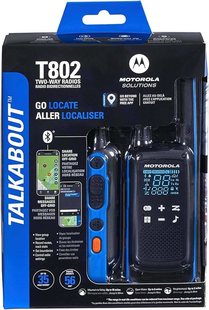 Motorola Solutions, Talkabout T802, Portable FRS Two Way Radio 4 Pack Walkie Talkies Blue/Black 22 Channels Bluetooth Capable Rechargeable 4 Remote Speaker Mics