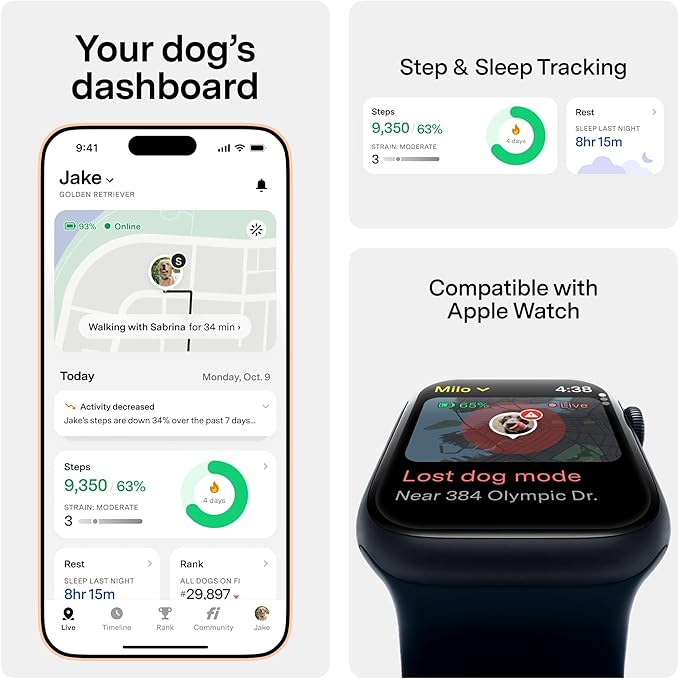 New Fi Series 3+ Smart Dog Tracker Collar [12 Month Membership Included] GPS Tracker for Dogs with Health & Behavior Monitoring, Escape Alerts, Waterproof, LED, Apple Watch Compatible (Gray, Large)