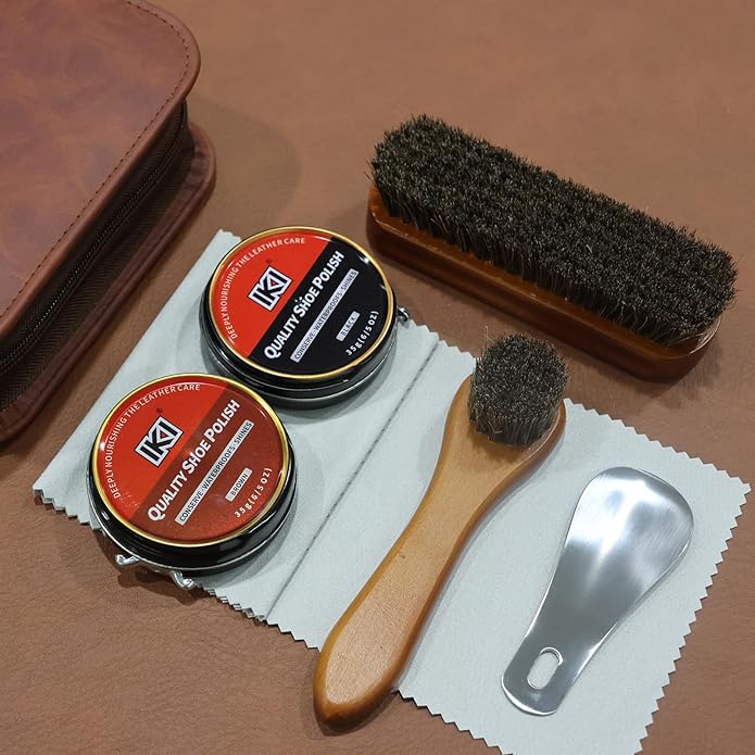 IKI Shoe Shine Polish Kit - 7PCS Leather Boot Care Kit with Black Brown Shoe Polish Horsehair Brush Cloth Shoe Horn for Men