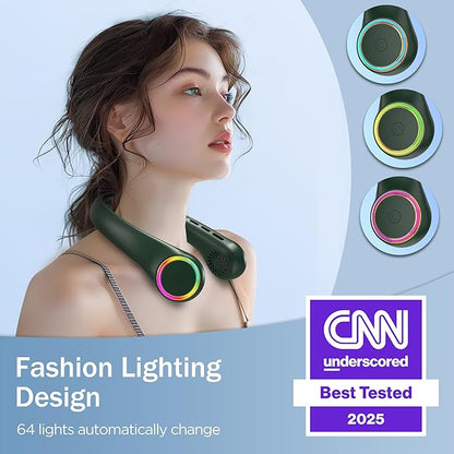 Neck fan, Portable Fan with 5-17H Lifespan, 4000mAh Neck fan air conditioner with 3 Adjustable Speeds and 64 Cool Lights, Rechargeable Neck Fan, Hands-Free Cooling fan for Summer (Dark Green)