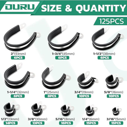 125PCS Cable Clamp,12 Sizes Stainless Steel Rubber Coated Cushioned Insulated Cable Clamps Assortment Kit-Metal Wire Clamps,Cable Clips,Pipe Clamps