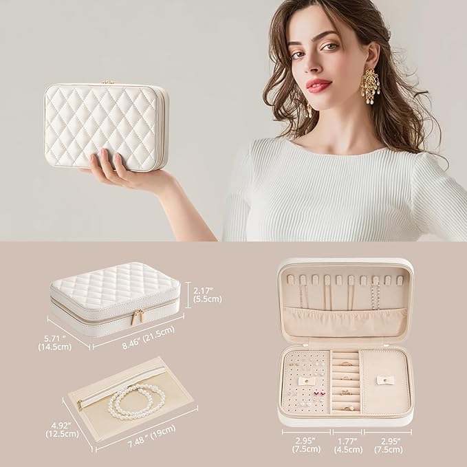 Lolalet Travel Jewelry Case for Women Girls, Travel Jewelry Organizer Box with Mirror & Clear Storage Bag, Small Portable Earring Necklace Bracelet Ring Case, Birthday Christmas Gifts -Medium, White