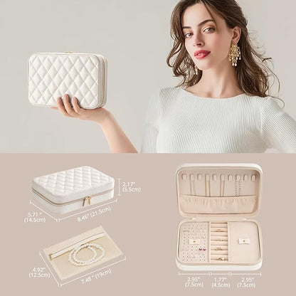 Lolalet Travel Jewelry Case for Women Girls, Travel Jewelry Organizer Box with Mirror & Clear Storage Bag, Small Portable Earring Necklace Bracelet Ring Case, Birthday Christmas Gifts -Medium, White