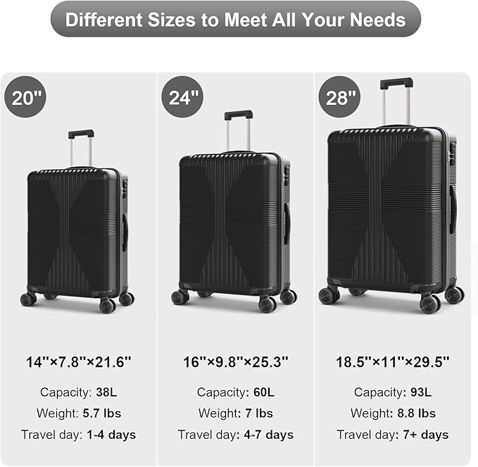 Karl home 24" Check-in Luggage, PP Hardside Checked Medium Suitcase with Wheels, Waterproof Durable Rolling Luggage with Built-in Lock for Travel Business, Black
