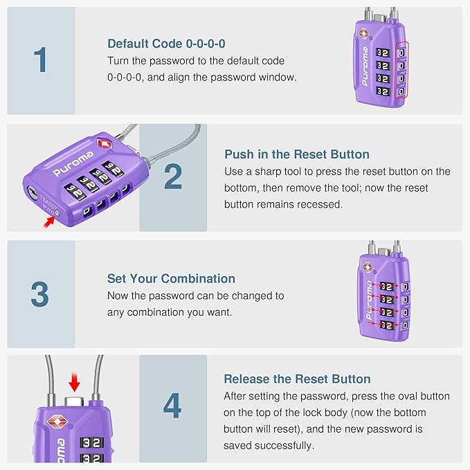 Puroma 2 Pack TSA Approved Luggage Locks, 4 Digit Combination Travel Locks Resettable Code Lock with Zinc Alloy Body for Suitcase, Toolbox, Backpack, Bag, Gym Locker (Basic Purple)