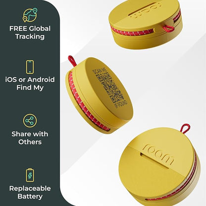 Roam Smart Tracker | Family-Friendly Eco Tracker for Keys, Bags & Kids’ Gear | Works with iOS & Android | Built-in Strap, QR Lost & Found | Replaceable Battery | No Extra App | 1-Pack, Yellow