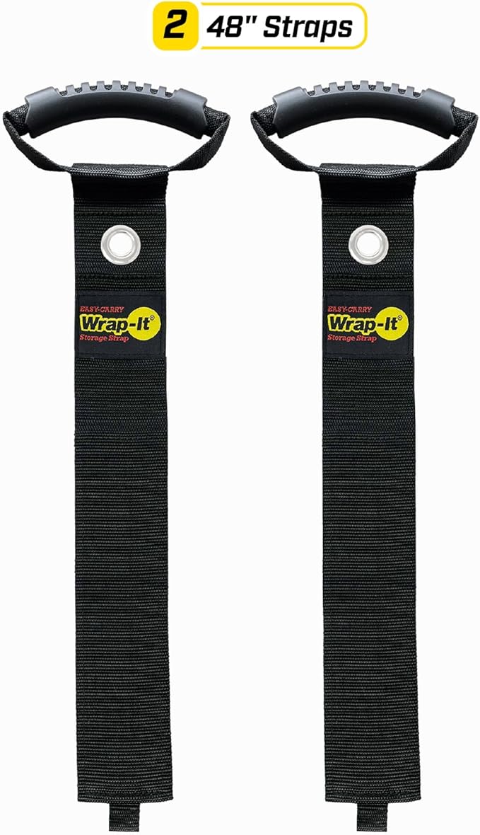 Easy-Carry Wrap-It Storage Straps - 48” (2-Pack) Black with Grommet - Garden Hose Caddy and Cord Wrap for Indoor and Outdoor Cable Organizing