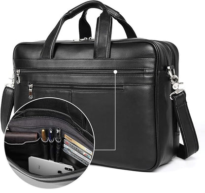 Augus Business Travel Briefcase Genuine Leather Duffel Bags for Men Laptop Bag fits 15.6 inches Laptop YKK Zipper (Black)