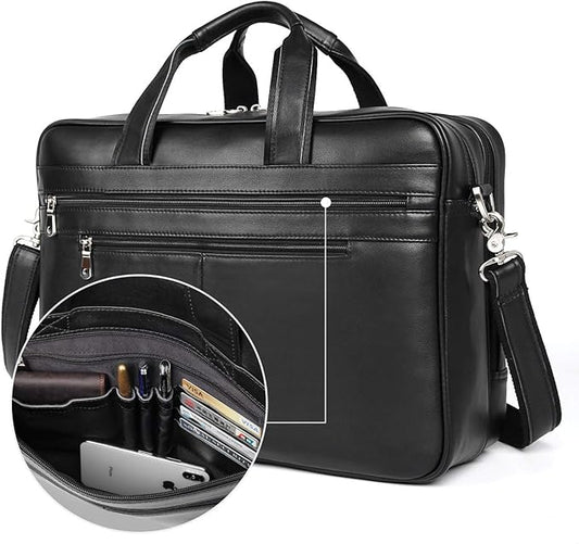 Augus Business Travel Briefcase Genuine Leather Duffel Bags for Men Laptop Bag fits 15.6 inches Laptop YKK Zipper (Black)
