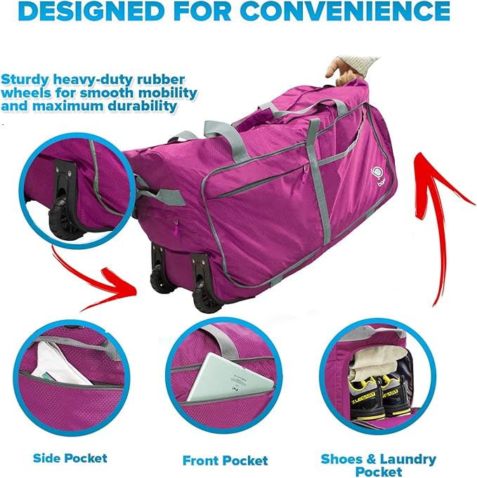 Bago Rolling Duffle Bag with Wheels - 27" 80L Foldable Weekender Bag, Waterproof Travel Duffel Bag, Heavy Duty Lightweight Duffle Bag for Traveling, Rolling Duffel Bag with Wheels (Pink)