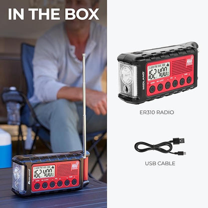 Midland - ER310, Emergency Crank Weather AM/FM Radio - Multiple Power Sources, SOS Emergency Flashlight, Ultrasonic Dog Whistle, & NOAA Weather Scan + Alert (Red/Black)