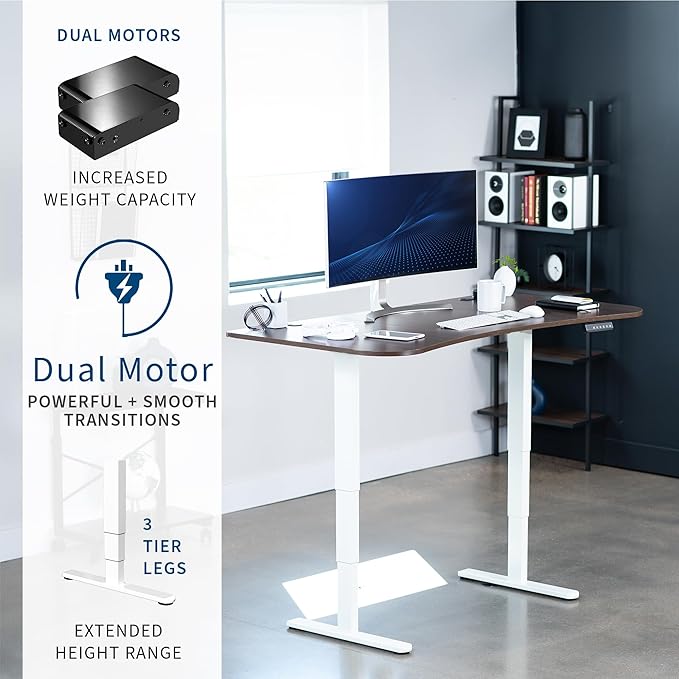 VIVO Electric 63 x 32 in Dual Motor Standing Desk, Memory Height Adjustment, 2B Series, Dark Walnut Top White Frame, DESK-KIT-2W1D