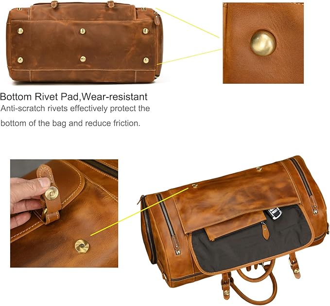 Full-grain Genuine Leather Travel Bag Large Capacity Duffel Luggage Bag with Shoe Compartment, Men Women Shoulder Bag for Weekend Holiday Business Trip, Light Brown