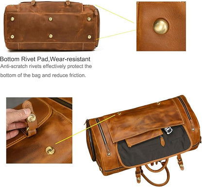 Full-grain Genuine Leather Travel Bag Large Capacity Duffel Luggage Bag with Shoe Compartment, Men Women Shoulder Bag for Weekend Holiday Business Trip, Light Brown