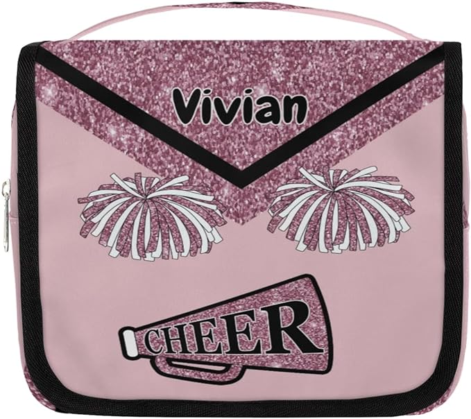 Custom Name Cheer Toiletry Bag Travel Bag with Hanging Hook, Makeup Cosmetic Bag Travel Full Sized Container Organizer for Shampoo, Toiletries, Dark Pink Glittering Cheerleading