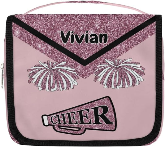 Custom Name Cheer Toiletry Bag Travel Bag with Hanging Hook, Makeup Cosmetic Bag Travel Full Sized Container Organizer for Shampoo, Toiletries, Dark Pink Glittering Cheerleading