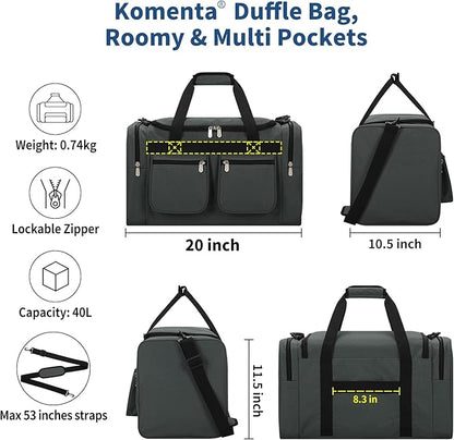 20 inch Gym Bag for Men, 40L Sports Duffle Bag with side pockets durable Weekend Overnight Bag for Travel, Workout, Fitness (Dark Grey)