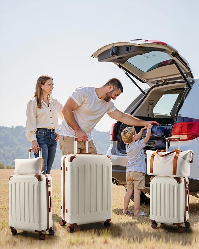 Luggage Sets 5 Piece, Hardside Suitcase with Wheels, TSA Approved, White Brown