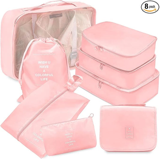 8 Set Packing Cubes, Travel Luggage Packing Organizers (PINK)