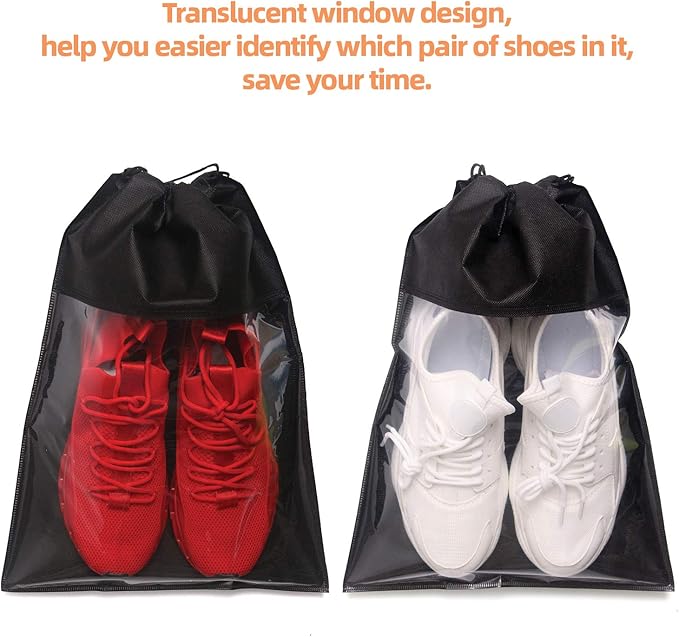 24 Pack Portable Shoe Bags for Travel Large Shoes Pouch Storage Organizer Clear Window with Drawstring for Men and Women Black