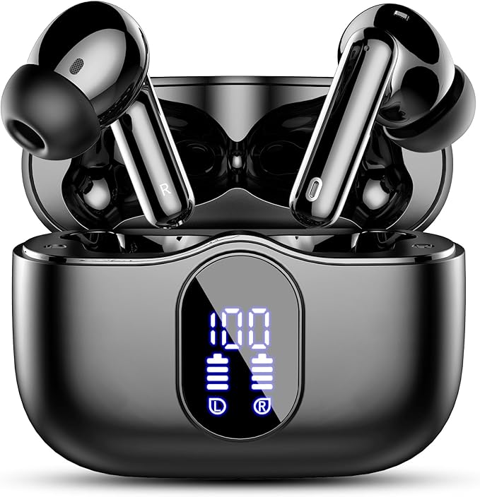 Wireless Earbuds, Bluetooth 5.4 Headphones Bass Stereo, Ear Buds with Noise Cancelling Mic, LED Display in Ear Earphones Clear Calls, IP7 Waterproof Bluetooth Earbuds for Laptop/Phones/Sports, Black