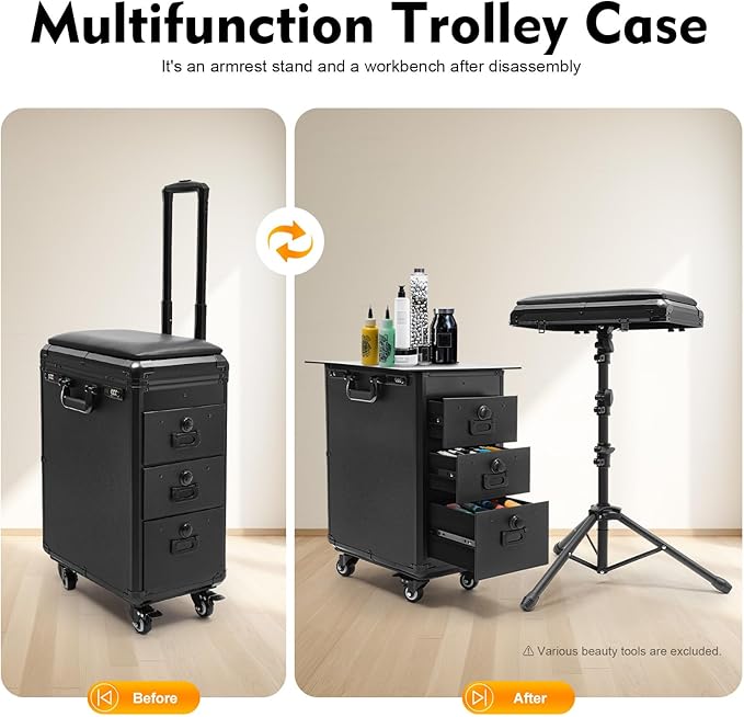 Rolling Makeup Train Case with Tattoo Armrest Stand, Tattoo Travel Case with 3 Drawers & Wheels, Portable Tattoo Station with Acrylic Panel for Makeup Artists, Estheticians & Crafters