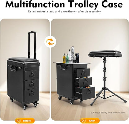 Rolling Makeup Train Case with Tattoo Armrest Stand, Tattoo Travel Case with 3 Drawers & Wheels, Portable Tattoo Station with Acrylic Panel for Makeup Artists, Estheticians & Crafters