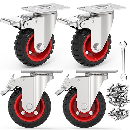 4" Swivel Caster Wheels with Safety Dual Locking and Rubber Tire Wheels, Heavy Duty - 300 Lbs Per Caster for Workbench, Cart, Trolley, Dolly, Cabinet, Compact Rubber Castor Wheels, 4-Packs