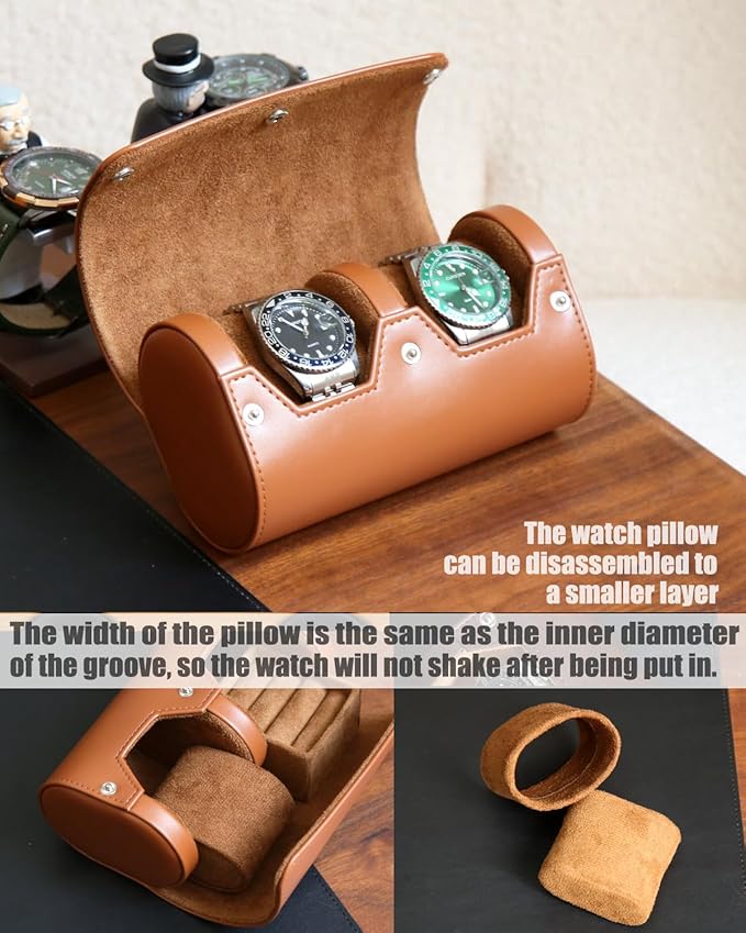 Watch Roll Travel Case for Men and Women with Suede Lining Portable 2 Slot Watch Display Storage and Organizer to Holder Large Watch(2 Slot Light Brown)