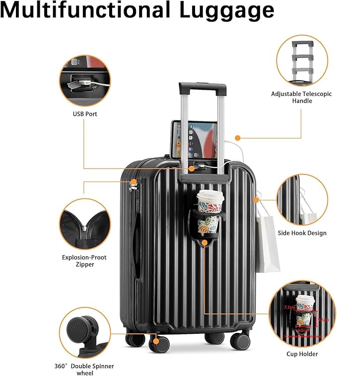 Hard Shell Carry On Luggage With Cup Holder & Charger, 20IN Carry On Luggage With Spinner Wheels, 360° Rotatable, Airline Approved TSA-locked