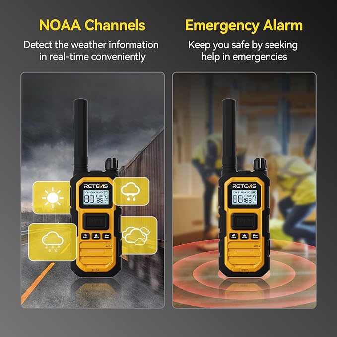 Retevis RB48 Plus IP67 Waterproof Heavy Duty Long Range Walkie Talkies, GMRS Radio, Construction Jobsite Two Way Radio, NOAA, Shock Resistant, Dual PTT, Vibration Reminder(4 Pack)