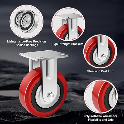 Nefish 6 Inch Industrial Grade Casters Wheels, Heavy Duty Polyurethane Casters (2 PACK) with Dual Ball Bearing, Solid Polyurethane Wheel 2250 Lb, Rigid Casters for Cart, Industrial, Machine