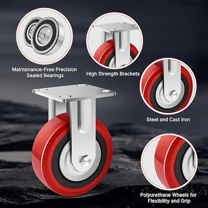 Nefish 6 Inch Industrial Grade Casters Wheels, Heavy Duty Polyurethane Casters (2 PACK) with Dual Ball Bearing, Solid Polyurethane Wheel 2250 Lb, Rigid Casters for Cart, Industrial, Machine